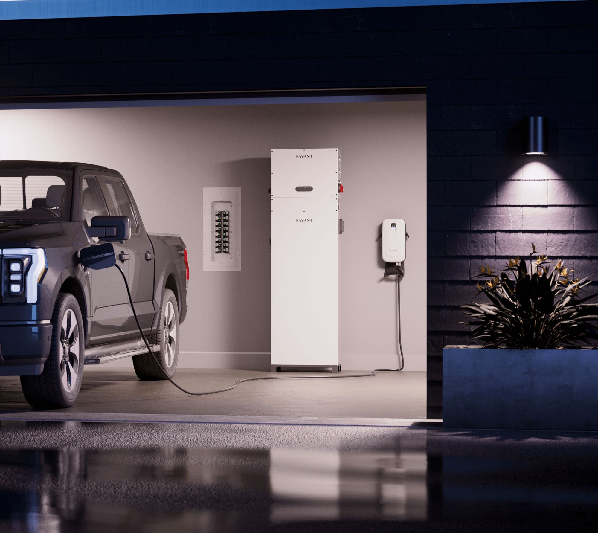 A Savant Power Storage 20 on a garage wall beside the panel, with a truck charging