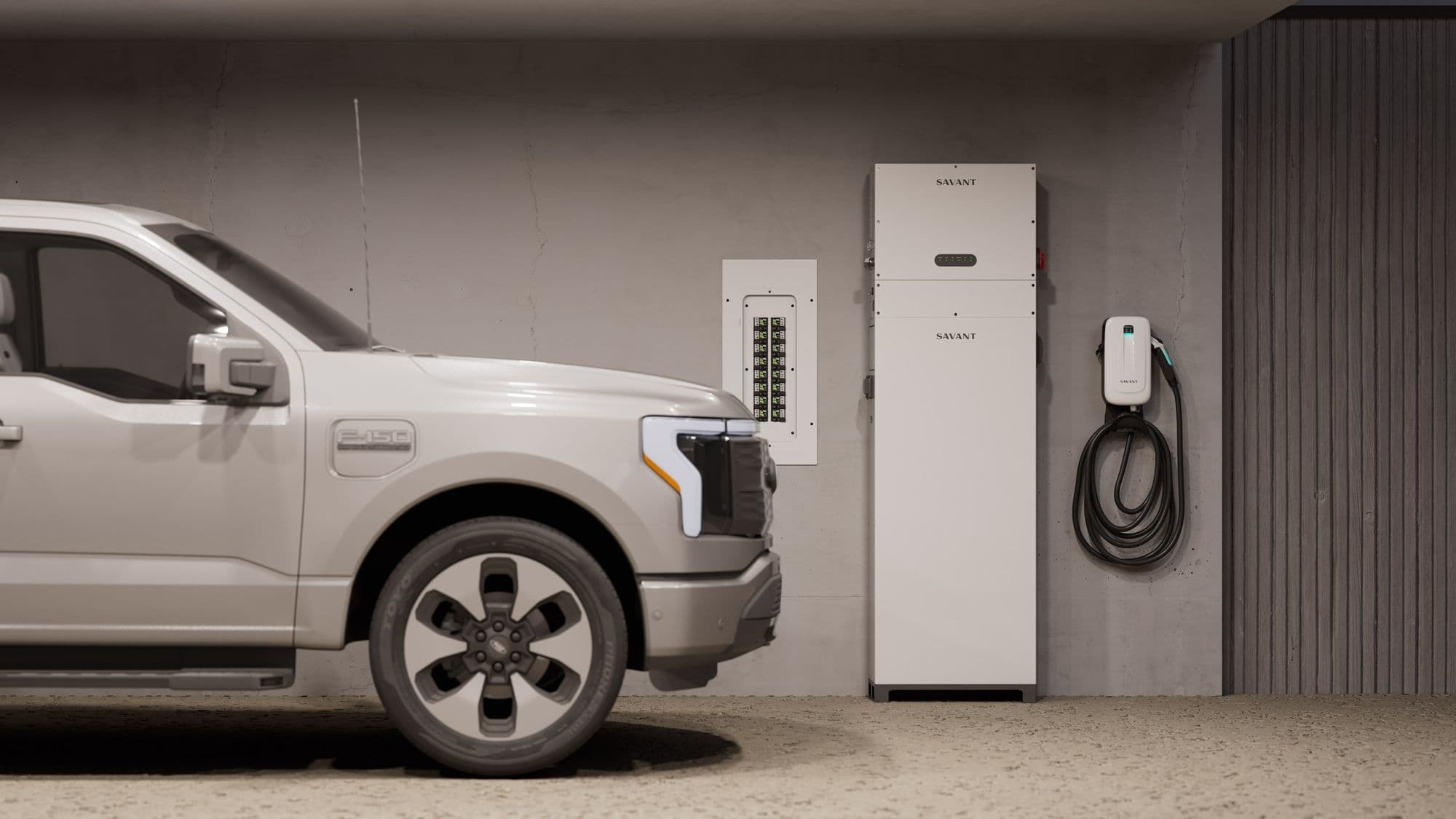 A Savant Power Storage 20 beside the electrical panel and an EV charger in a clean garage
